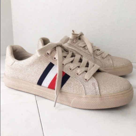 🇺🇸 Tommy Hilfiger Ladies Tan Glitter Sneakers Shoes Pre-owned 8 ** - Picture 6 of 10